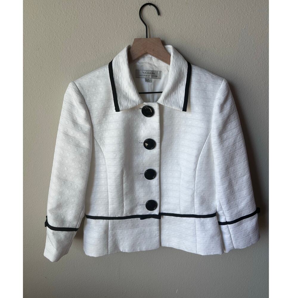 Tahari Arthur S. Levine White Tweed Black Trim Button Blazer Jacket Quilted  8